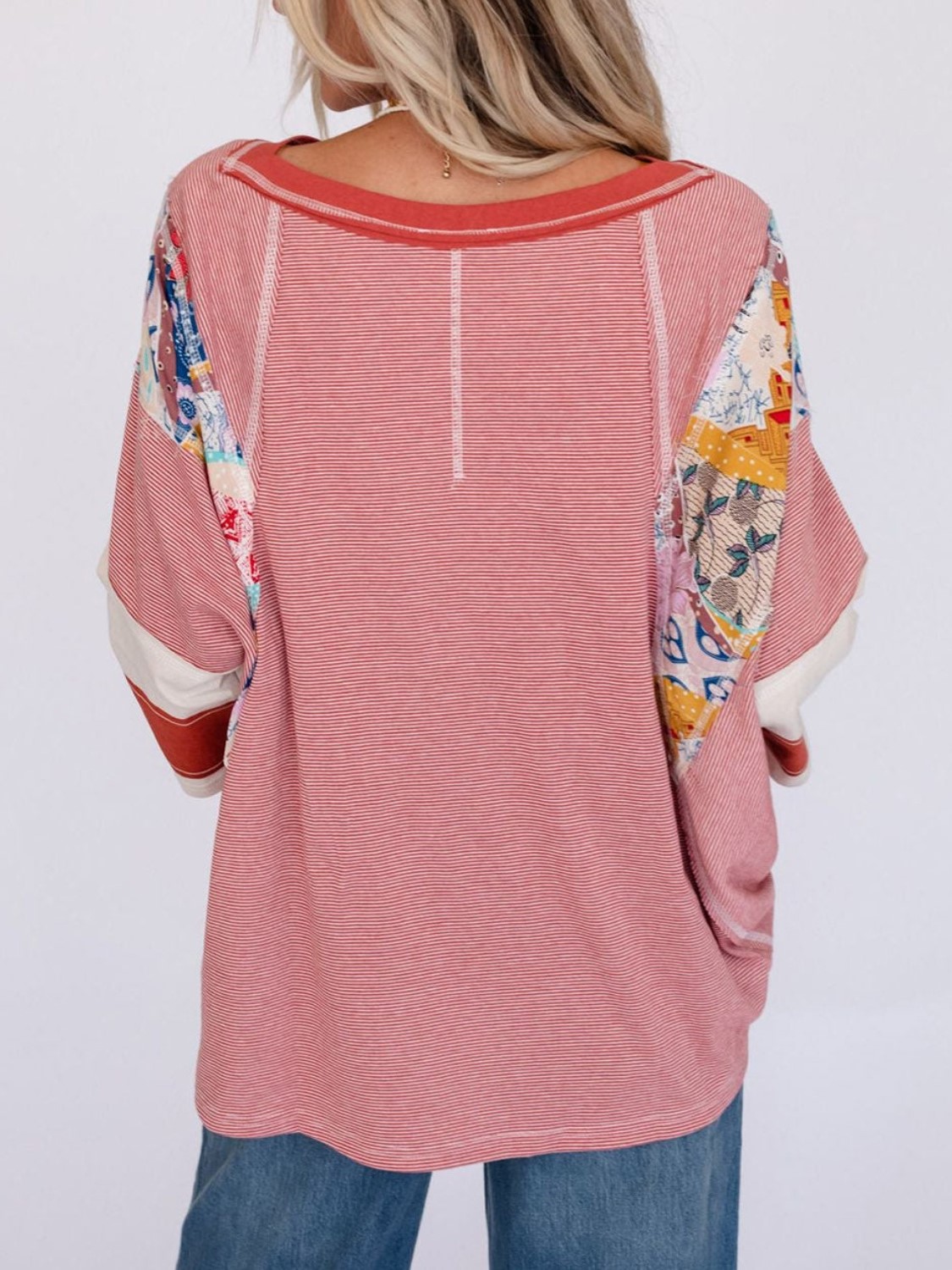 WOMEN'S CASUAL STRIPED FLORAL PRINT PATCHWORK OVERSIZED 3/4 SLEEVE TOP(Buy 2 Free Shipping)