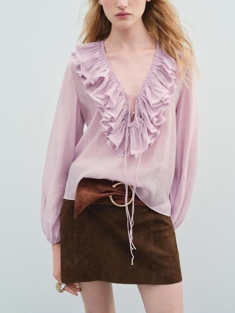 Lantern sleeve ruffle long sleeve shirt（BUY 2 FREE SHIPPING)