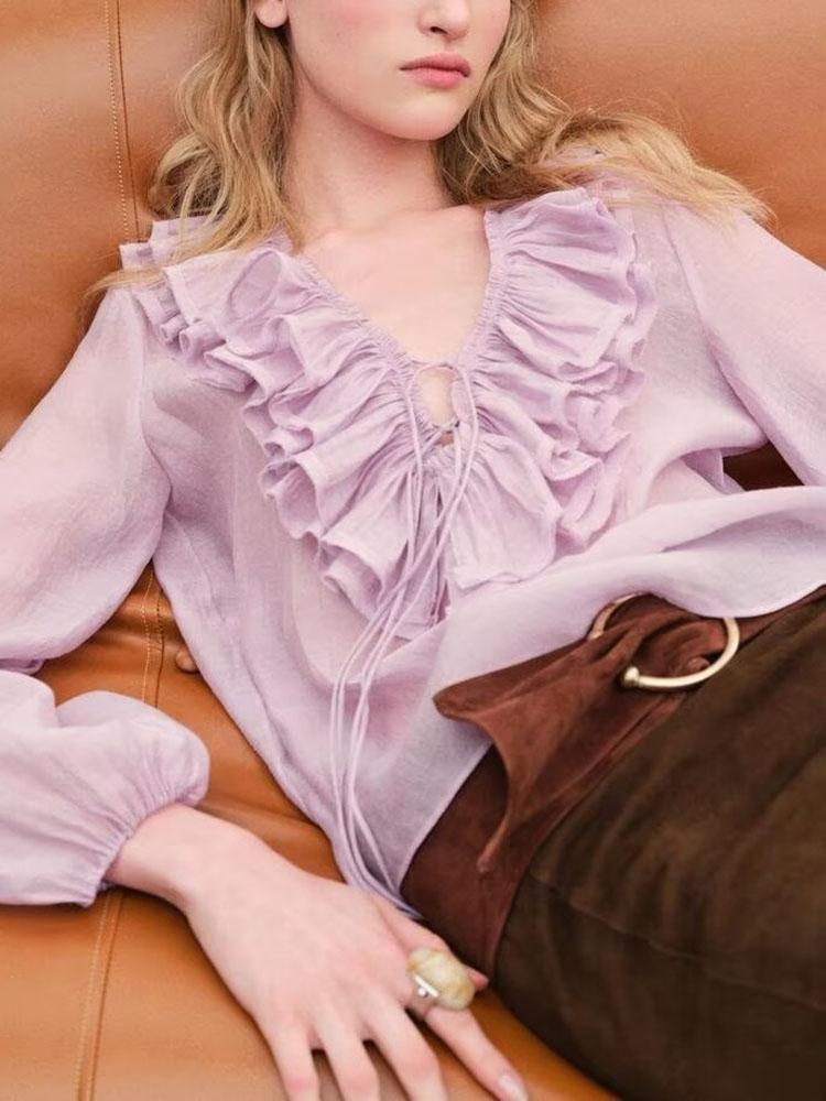 Lantern sleeve ruffle long sleeve shirt（BUY 2 FREE SHIPPING)