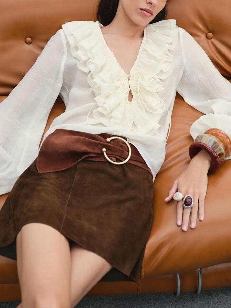 Lantern sleeve ruffle long sleeve shirt（BUY 2 FREE SHIPPING)