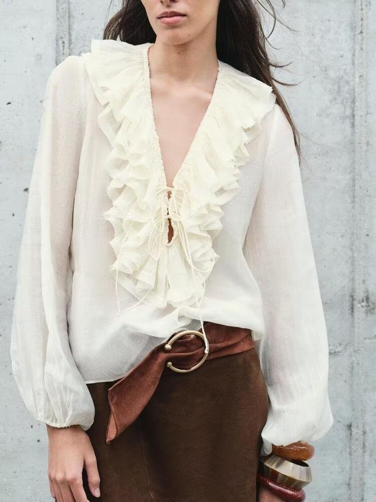 Lantern sleeve ruffle long sleeve shirt（BUY 2 FREE SHIPPING)