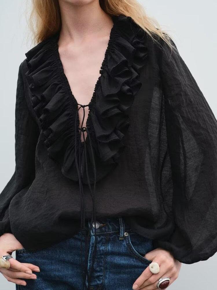 Lantern sleeve ruffle long sleeve shirt（BUY 2 FREE SHIPPING)