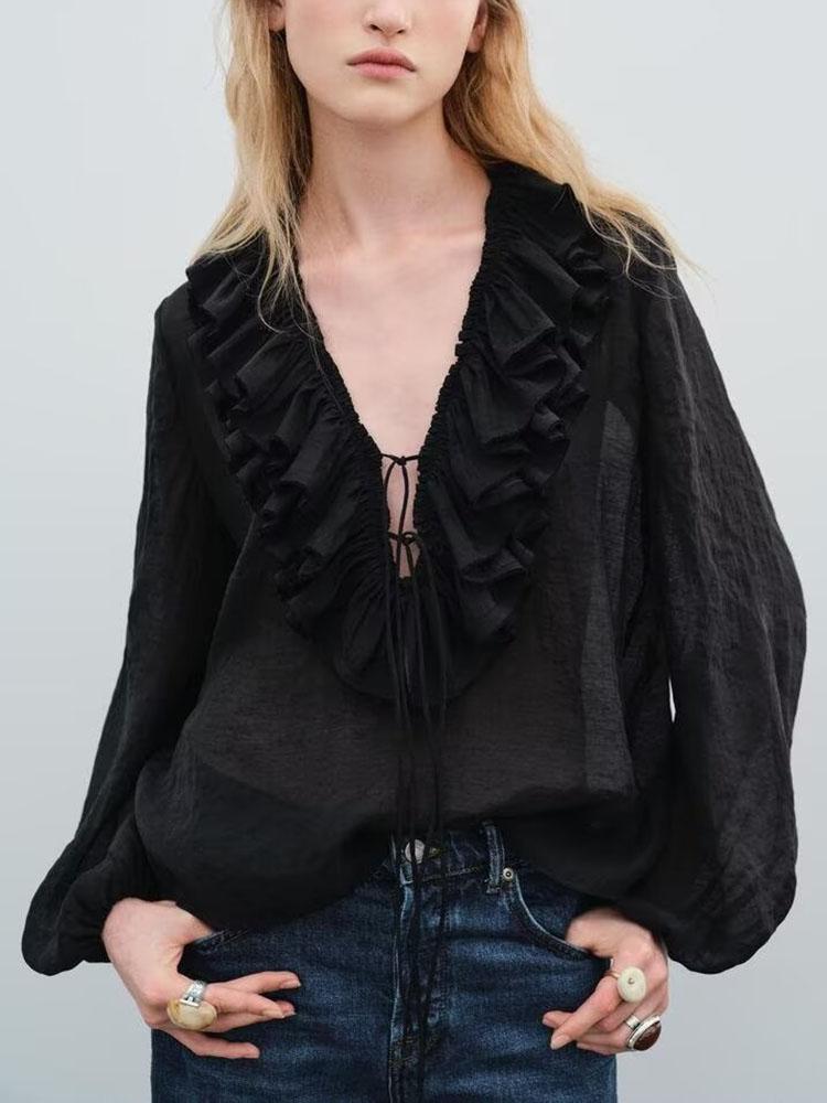 Lantern sleeve ruffle long sleeve shirt（BUY 2 FREE SHIPPING)