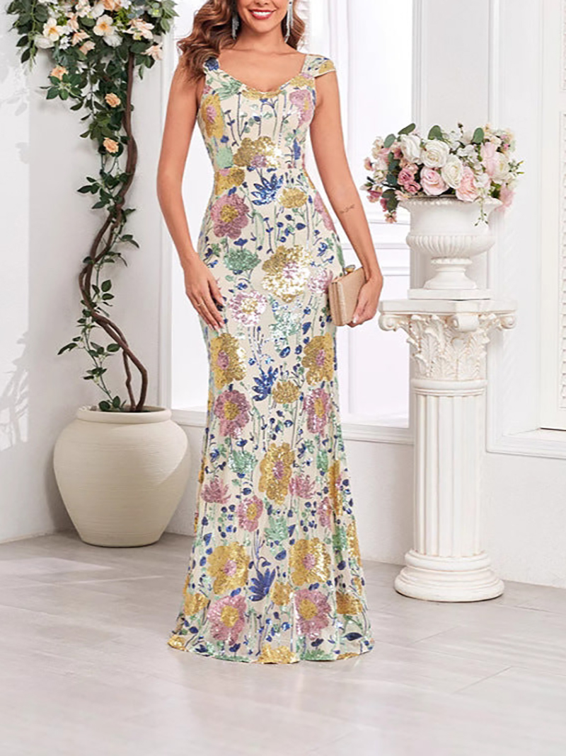 V Neck Sequin Embroidery Birthday Party Evening Dress