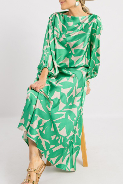 Temperament Printed Lantern Sleeves Casual Dress Set