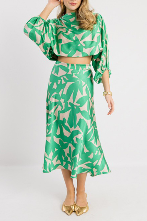 Temperament Printed Lantern Sleeves Casual Dress Set