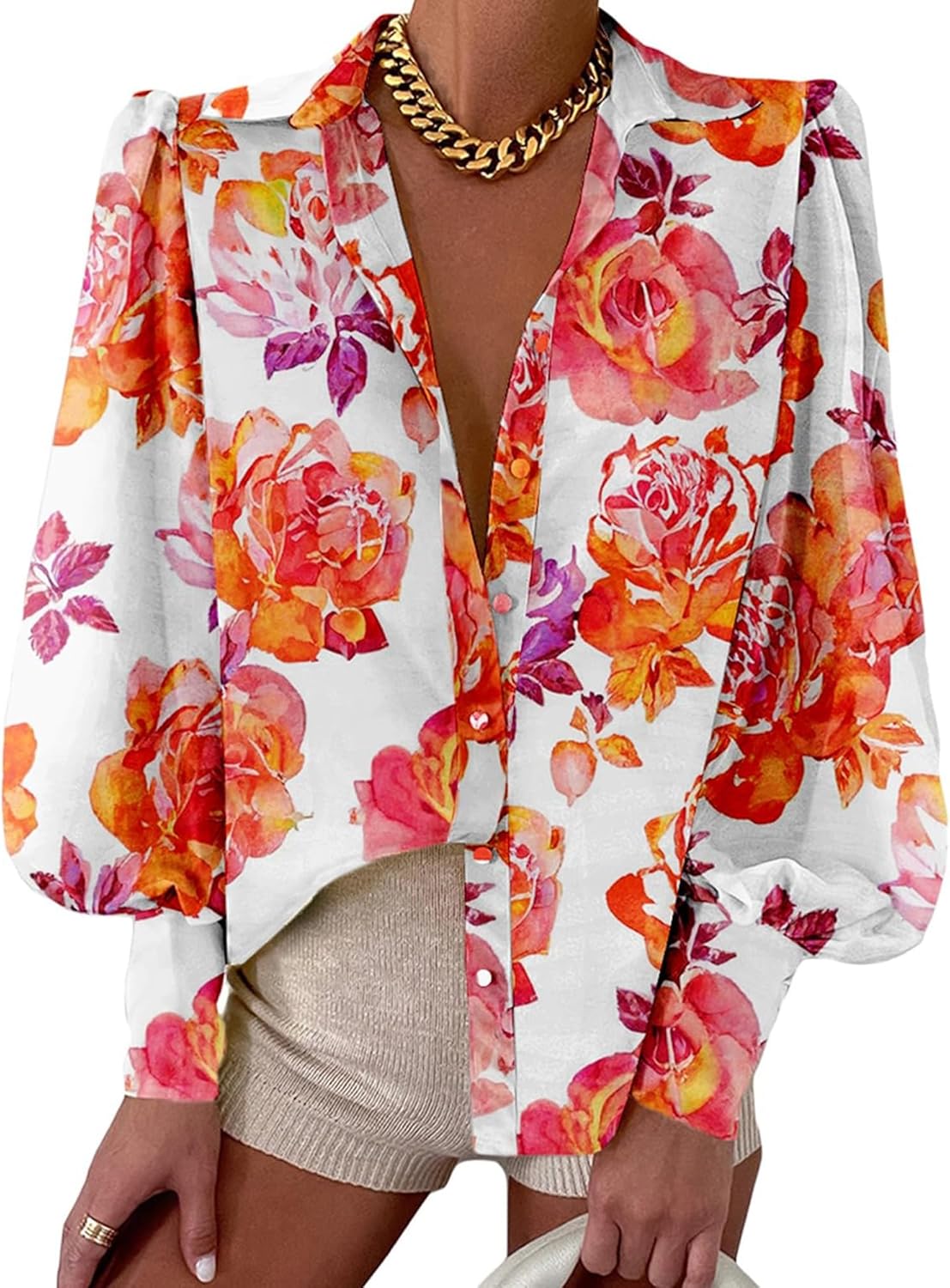 Women's Fashion Button Lapel V Neck Printed Long Sleeve Shirt（BUY 2 FREE SHIPPING)