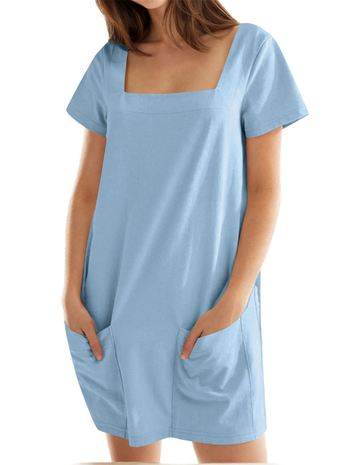 Women's Solid Square Neck Pocket Mini Dress (Buy 2 Free Shipping)