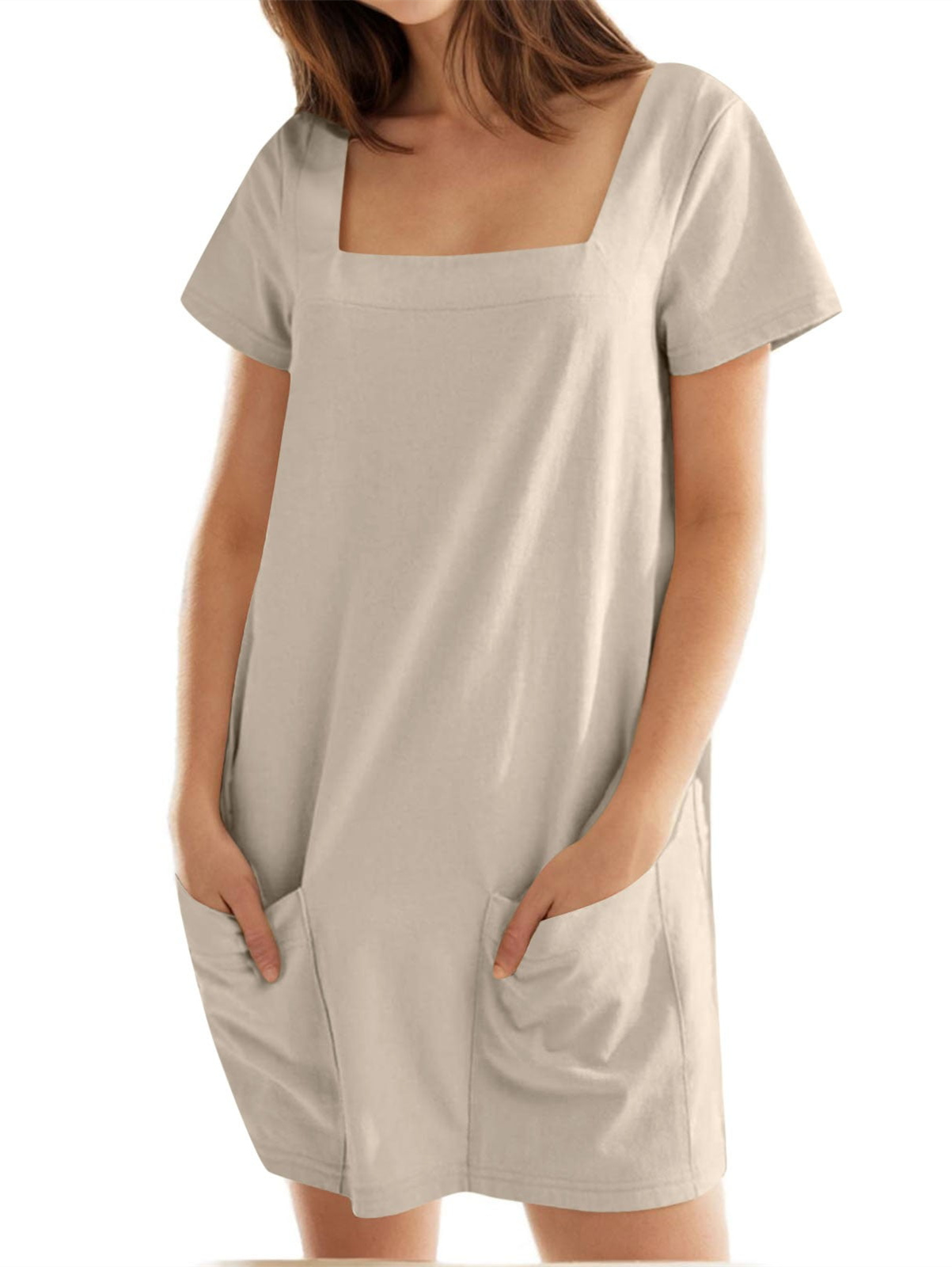 Women's Solid Square Neck Pocket Mini Dress (Buy 2 Free Shipping)