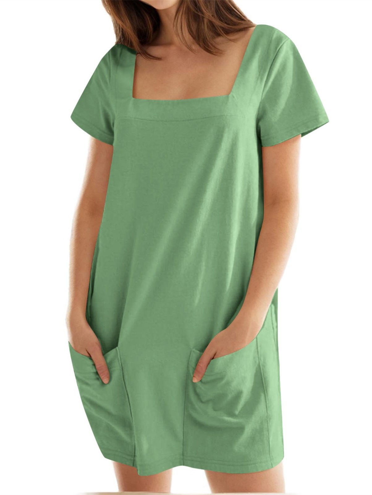 Women's Solid Square Neck Pocket Mini Dress (Buy 2 Free Shipping)