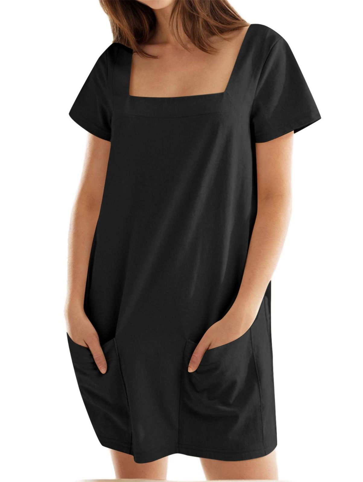 Women's Solid Square Neck Pocket Mini Dress (Buy 2 Free Shipping)