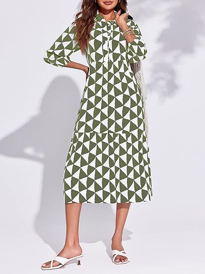 Womens Boho Midi Dress Long Sleeve Casual Color Block Beach Button Down Shirt Dress（BUY 2 FREE SHIPPING)
