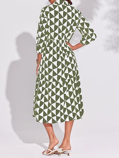 Womens Boho Midi Dress Long Sleeve Casual Color Block Beach Button Down Shirt Dress（BUY 2 FREE SHIPPING)