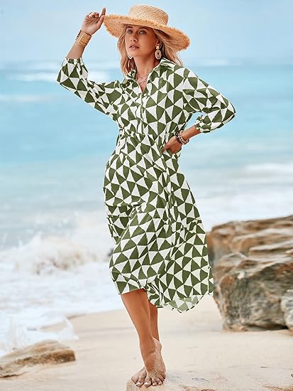 Womens Boho Midi Dress Long Sleeve Casual Color Block Beach Button Down Shirt Dress（BUY 2 FREE SHIPPING)