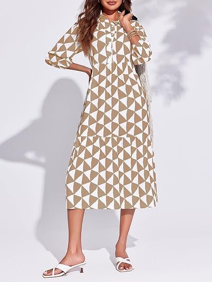 Womens Boho Midi Dress Long Sleeve Casual Color Block Beach Button Down Shirt Dress（BUY 2 FREE SHIPPING)