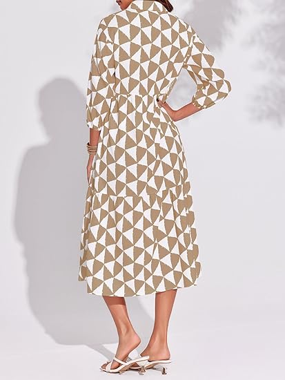 Womens Boho Midi Dress Long Sleeve Casual Color Block Beach Button Down Shirt Dress（BUY 2 FREE SHIPPING)