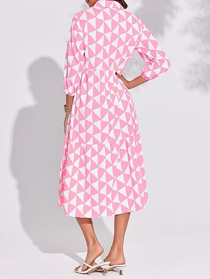 Womens Boho Midi Dress Long Sleeve Casual Color Block Beach Button Down Shirt Dress（BUY 2 FREE SHIPPING)