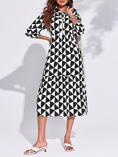 Womens Boho Midi Dress Long Sleeve Casual Color Block Beach Button Down Shirt Dress（BUY 2 FREE SHIPPING)