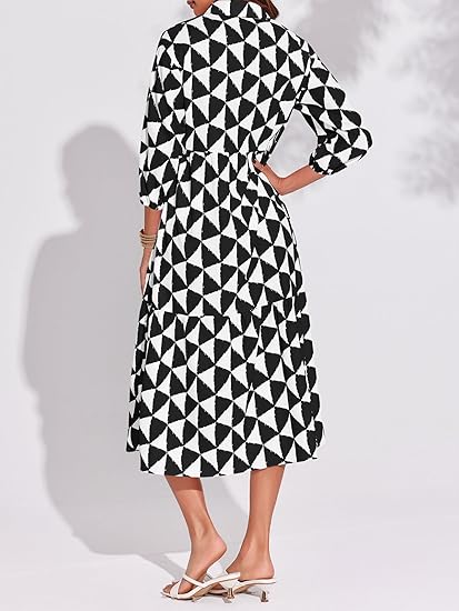 Womens Boho Midi Dress Long Sleeve Casual Color Block Beach Button Down Shirt Dress（BUY 2 FREE SHIPPING)