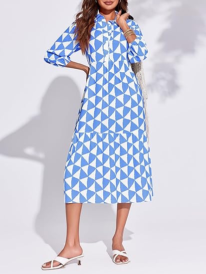 Womens Boho Midi Dress Long Sleeve Casual Color Block Beach Button Down Shirt Dress（BUY 2 FREE SHIPPING)