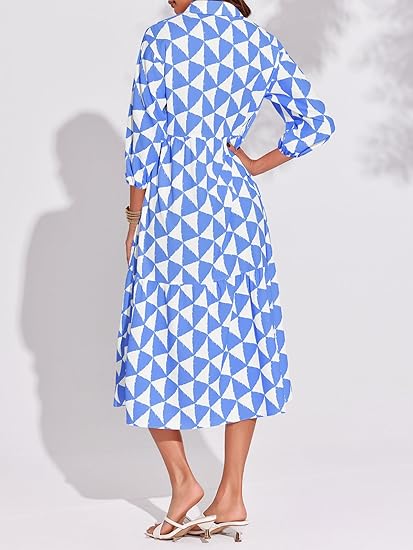 Womens Boho Midi Dress Long Sleeve Casual Color Block Beach Button Down Shirt Dress（BUY 2 FREE SHIPPING)