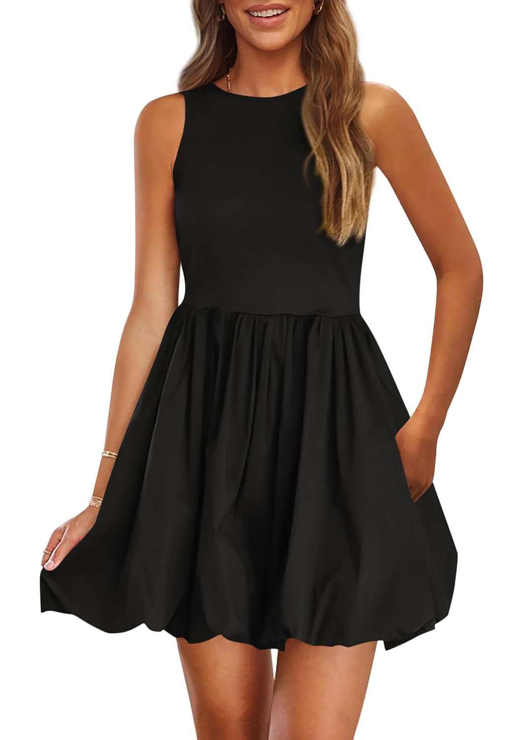 Women's Casual Crew Neck Sleeveless Tank Bubble Dress with Pockets(BUY 2 FREE SHIPPING)