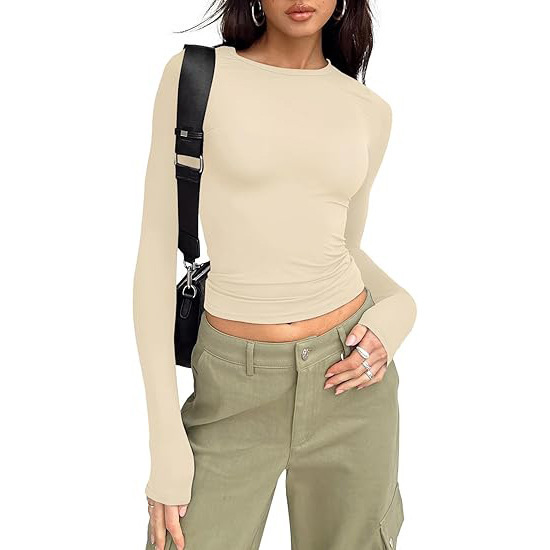 Womens Long Sleeve Shirt Basic Crop Tops Fall Fashion Underscrubs Layer Slim Fit Winter Clothes（BUY 3 FREE SHIPPING)
