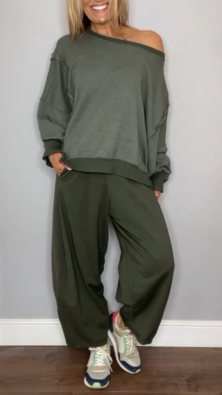 Women's Round Neck Slit Patchwork Top + Trousers Casual Suit