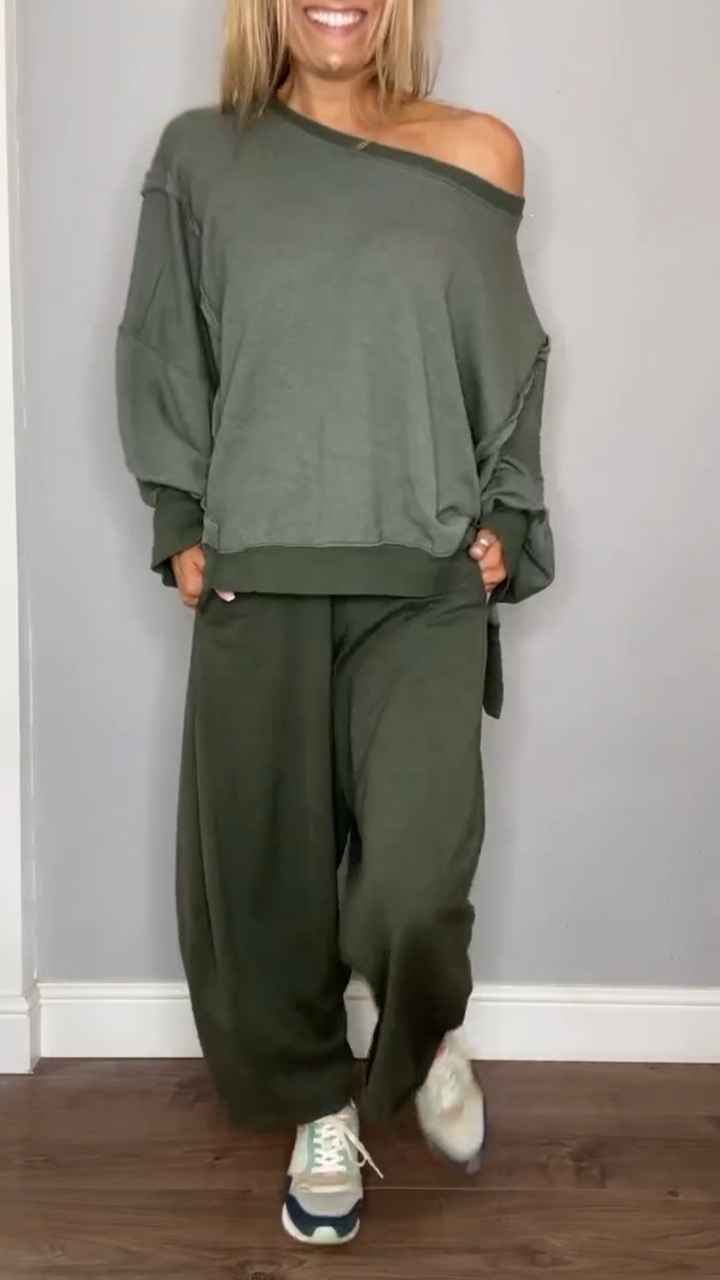 Women's Round Neck Slit Patchwork Top + Trousers Casual Suit