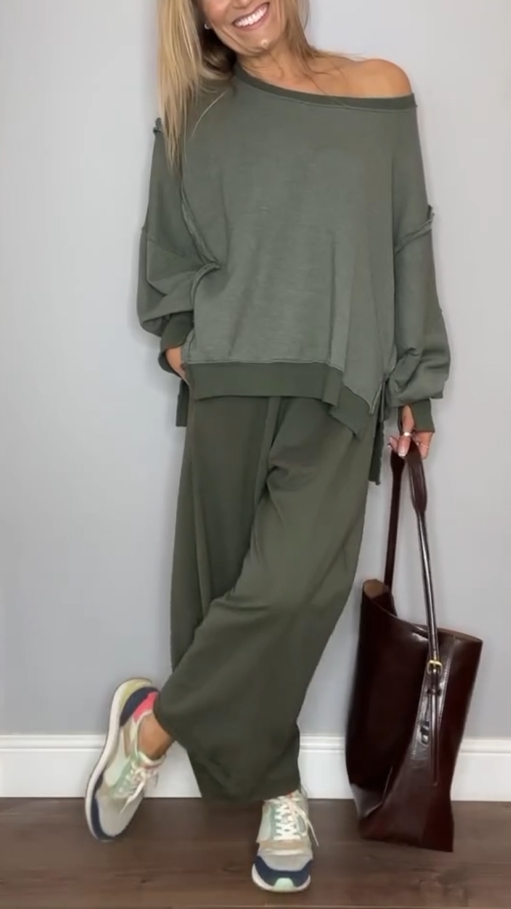 Women's Round Neck Slit Patchwork Top + Trousers Casual Suit
