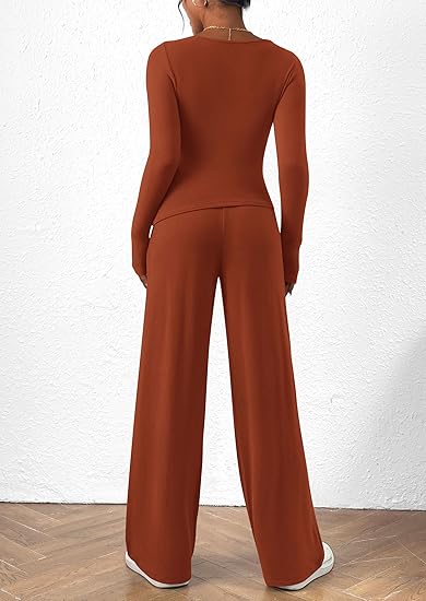 Women's 2 Piece Lounge Sets Asymmetrical Long Sleeve T Shirt Wide Leg Pants Casual Outfits Tracksuit(BUY 2 FREE SHIPPING)