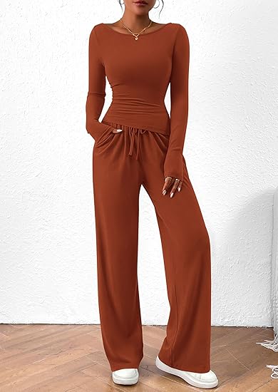 Women's 2 Piece Lounge Sets Asymmetrical Long Sleeve T Shirt Wide Leg Pants Casual Outfits Tracksuit(BUY 2 FREE SHIPPING)