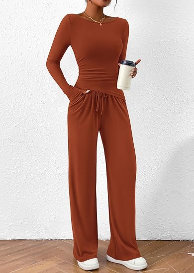 Women's 2 Piece Lounge Sets Asymmetrical Long Sleeve T Shirt Wide Leg Pants Casual Outfits Tracksuit(BUY 2 FREE SHIPPING)