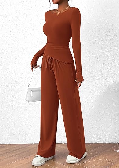Women's 2 Piece Lounge Sets Asymmetrical Long Sleeve T Shirt Wide Leg Pants Casual Outfits Tracksuit(BUY 2 FREE SHIPPING)