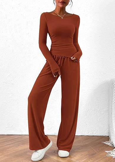 Women's 2 Piece Lounge Sets Asymmetrical Long Sleeve T Shirt Wide Leg Pants Casual Outfits Tracksuit(BUY 2 FREE SHIPPING)