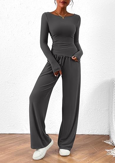Women's 2 Piece Lounge Sets Asymmetrical Long Sleeve T Shirt Wide Leg Pants Casual Outfits Tracksuit(BUY 2 FREE SHIPPING)