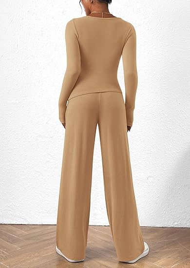 Women's 2 Piece Lounge Sets Asymmetrical Long Sleeve T Shirt Wide Leg Pants Casual Outfits Tracksuit(BUY 2 FREE SHIPPING)