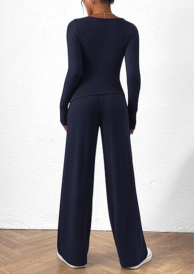 Women's 2 Piece Lounge Sets Asymmetrical Long Sleeve T Shirt Wide Leg Pants Casual Outfits Tracksuit(BUY 2 FREE SHIPPING)