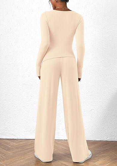 Women's 2 Piece Lounge Sets Asymmetrical Long Sleeve T Shirt Wide Leg Pants Casual Outfits Tracksuit(BUY 2 FREE SHIPPING)