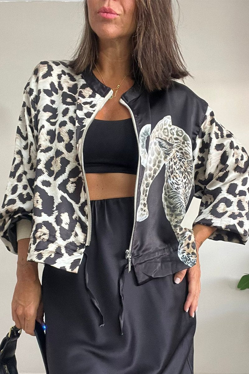Women's Casual Round Neck Leopard Printed Zipper Jacket（BUY A FREE SHIPPING)