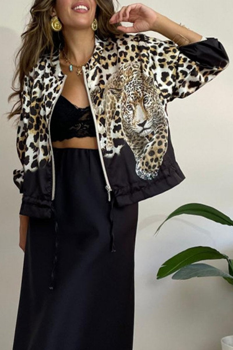 Women's Casual Round Neck Leopard Printed Zipper Jacket（BUY A FREE SHIPPING)