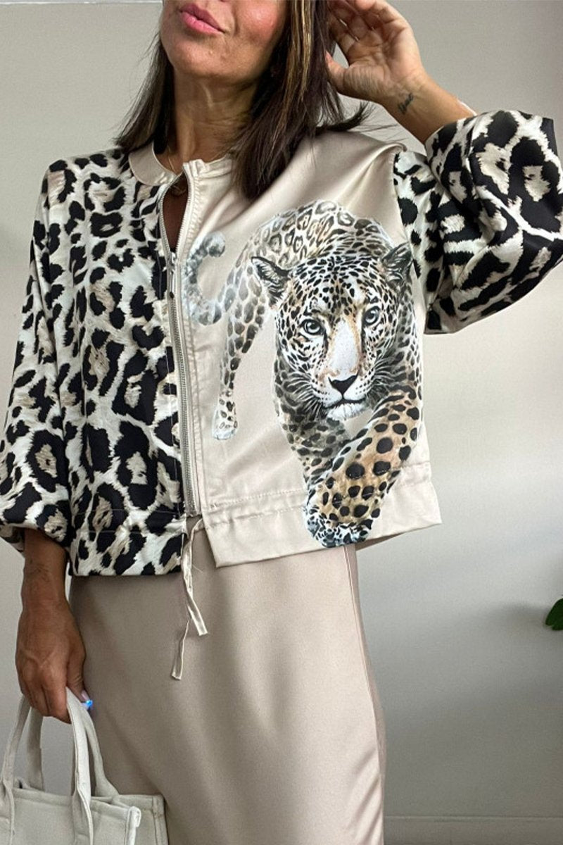 Women's Casual Round Neck Leopard Printed Zipper Jacket（BUY A FREE SHIPPING)