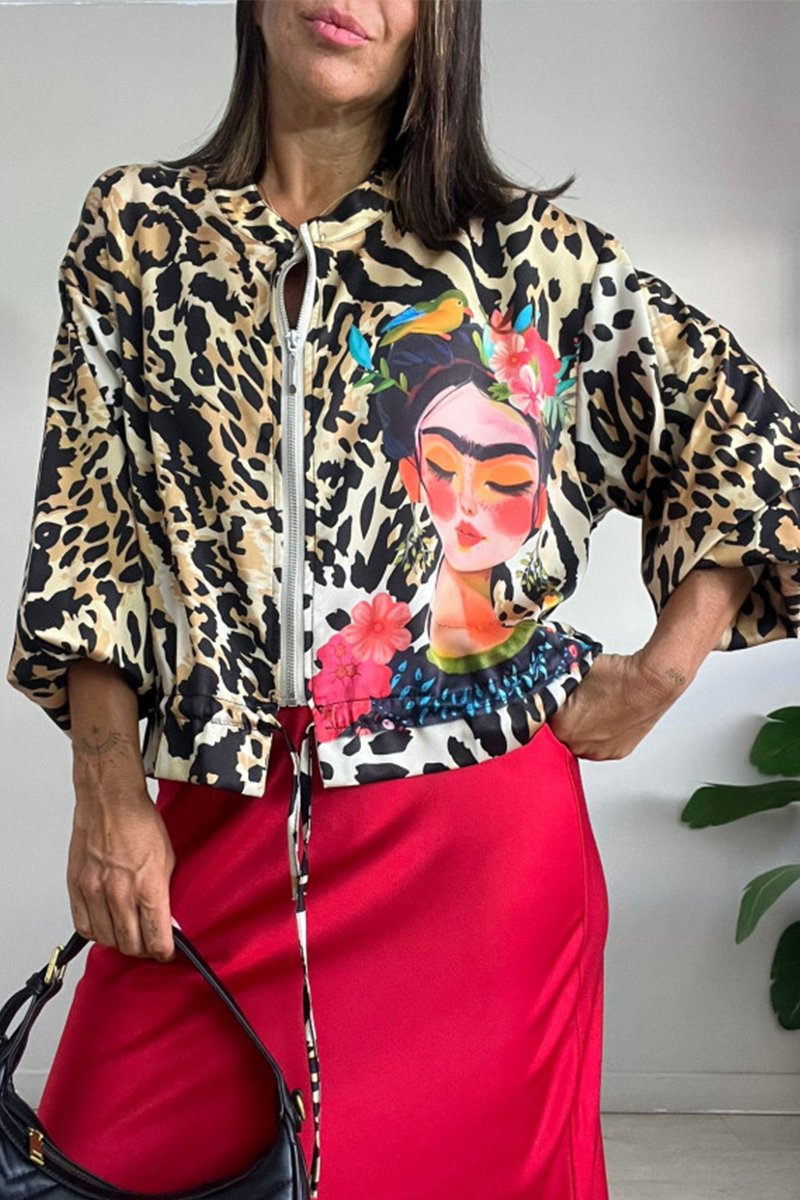 Women's Casual Round Neck Leopard Printed Zipper Jacket（BUY A FREE SHIPPING)