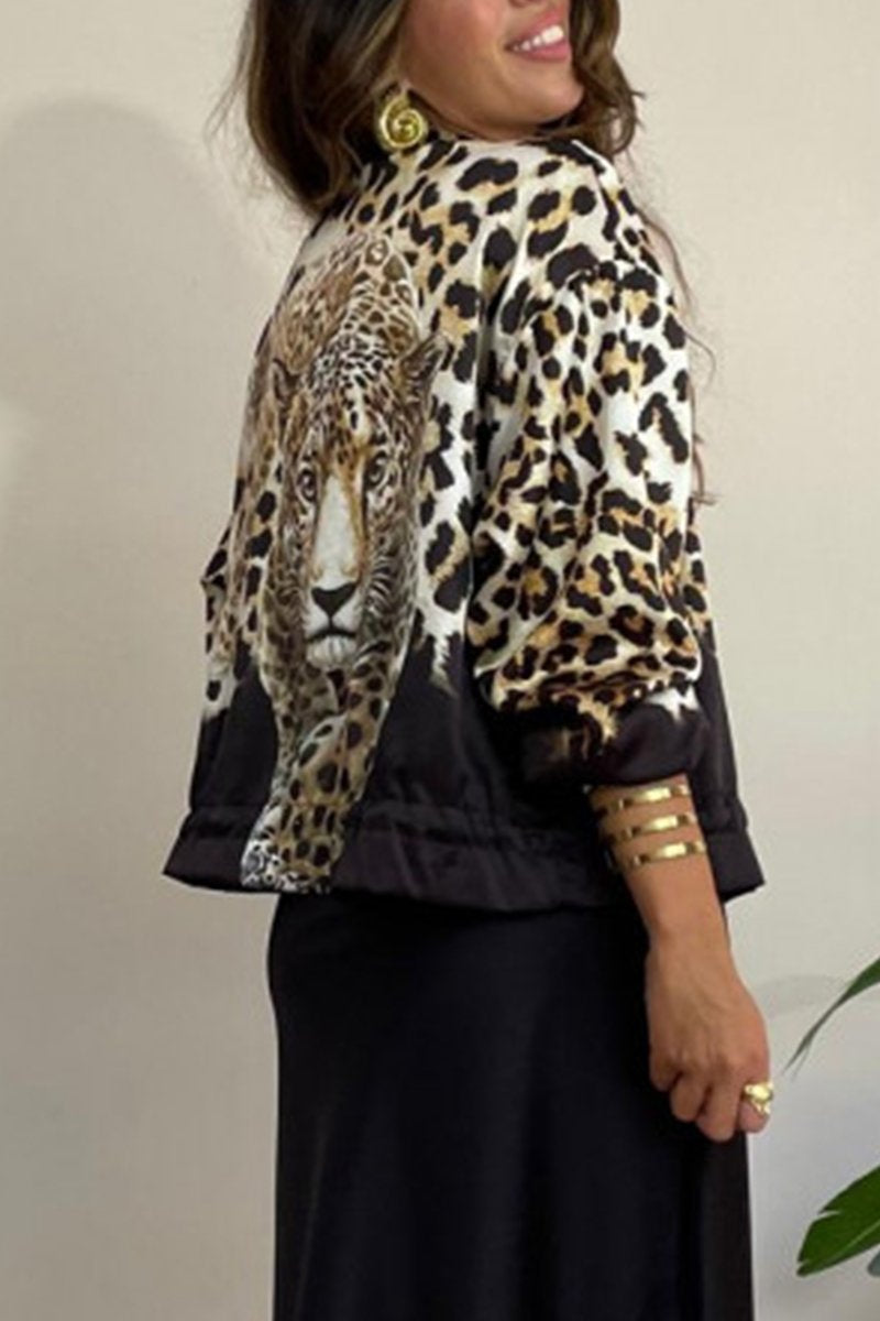 Women's Casual Round Neck Leopard Printed Zipper Jacket（BUY A FREE SHIPPING)