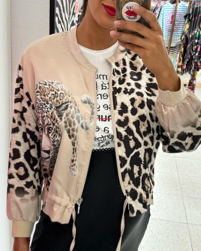Women's Casual Round Neck Leopard Printed Zipper Jacket（BUY A FREE SHIPPING)