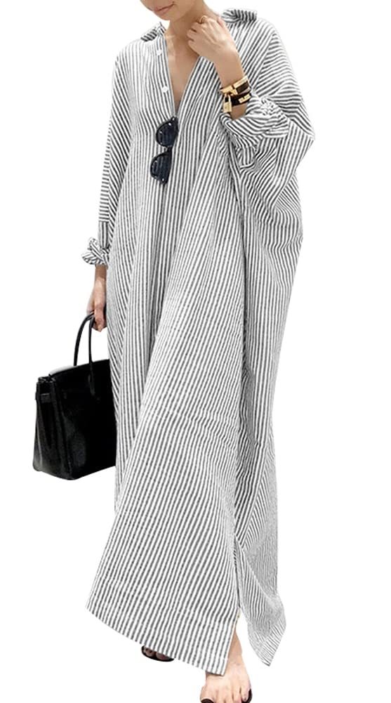 2025 New Women's Casual Long Sleeve Button Down Loose Striped Maxi Shirt Dress(buy 2 free shipping)