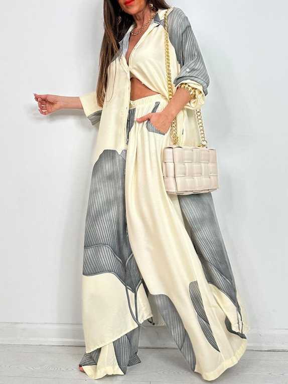 Printed Midi Top And Wide-Leg Pants Two-Piece Set（BUY 2 FREE SHIPPING)