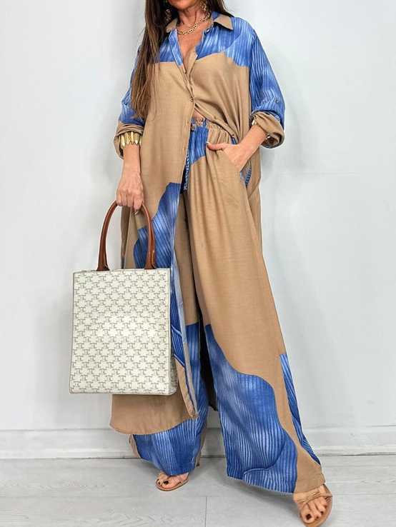 Printed Midi Top And Wide-Leg Pants Two-Piece Set（BUY 2 FREE SHIPPING)