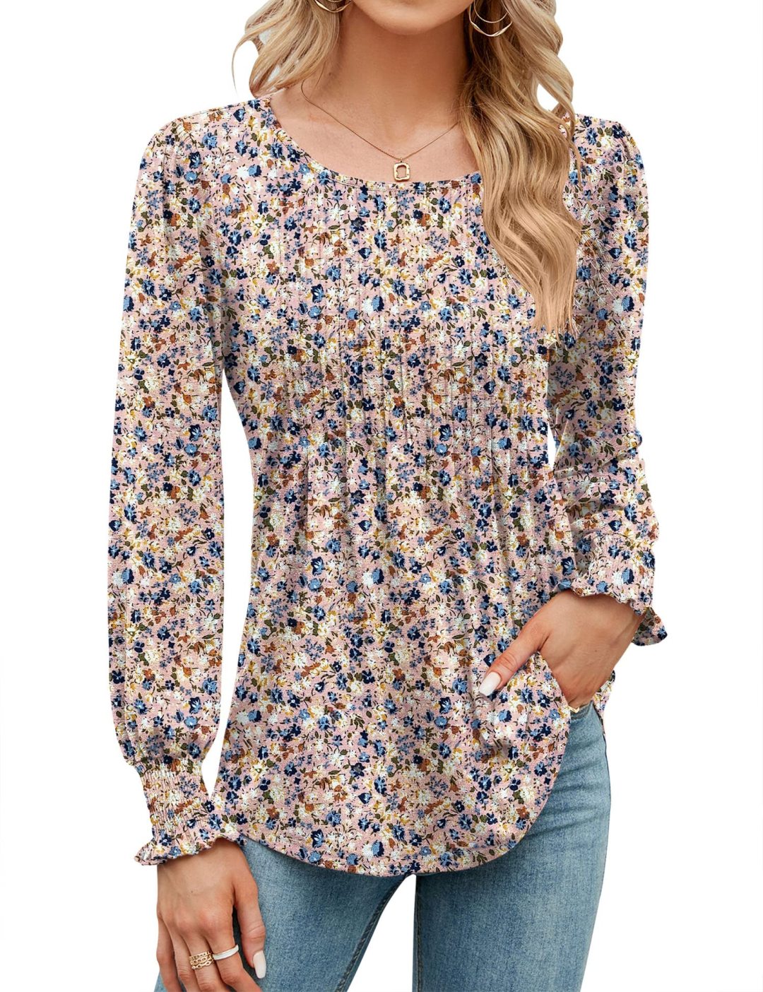 Puff Long Sleeve Pleated Crew Neck Tunic Top (buy 3 free shipping!!!)