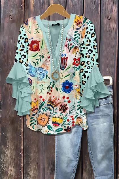 Women's Mixed Floral Print Ruffle Bell Sleeve Top(BUY 2 FREE SHIPPING)